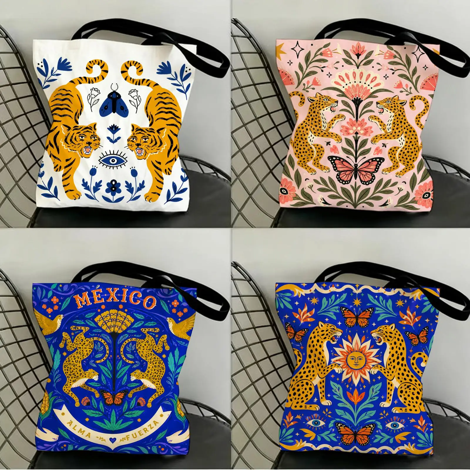 Bolsas de almacenamiento con estampado de leopardo y tigre, de lona, ​​con estampado de doble cara, bolso grande para mujer, duradero, plegable, para picnic, regalo ecológico
