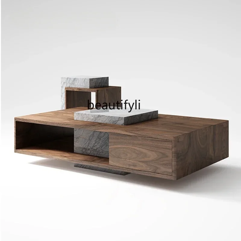 

New Arrivals Natural Marble Coffee Table Walnut Color Antique Style Small Apartment Living Room Designer Model Room Retro 03A