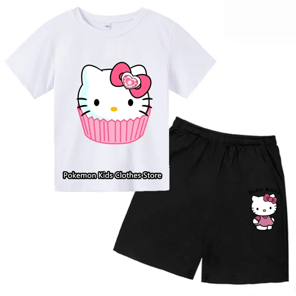 Hello Kitty Kids Tshirt Kuromi Girls T-shirts Short Sleeve Stitch Streetwear Pullover Baby Boy Clothes Sets Casual Sanrio Tops