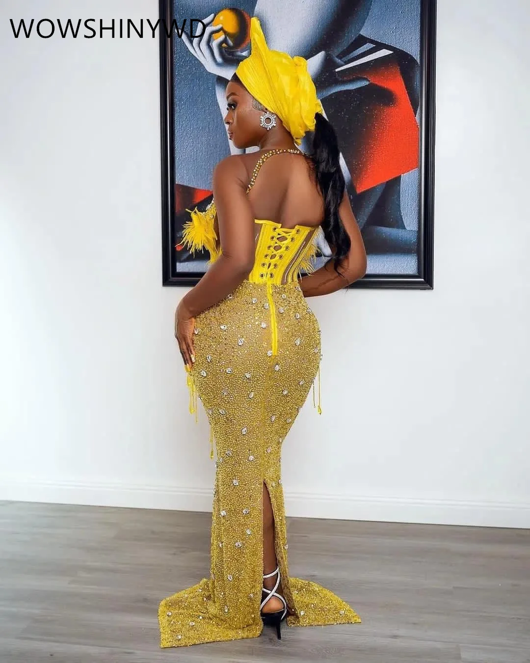 2024 Aso Ebi Mermaid Yellow Prom Dresses Sequined Beaded Evening Formal Party Second Engagement Birthday Gowns Dresses ZJ104