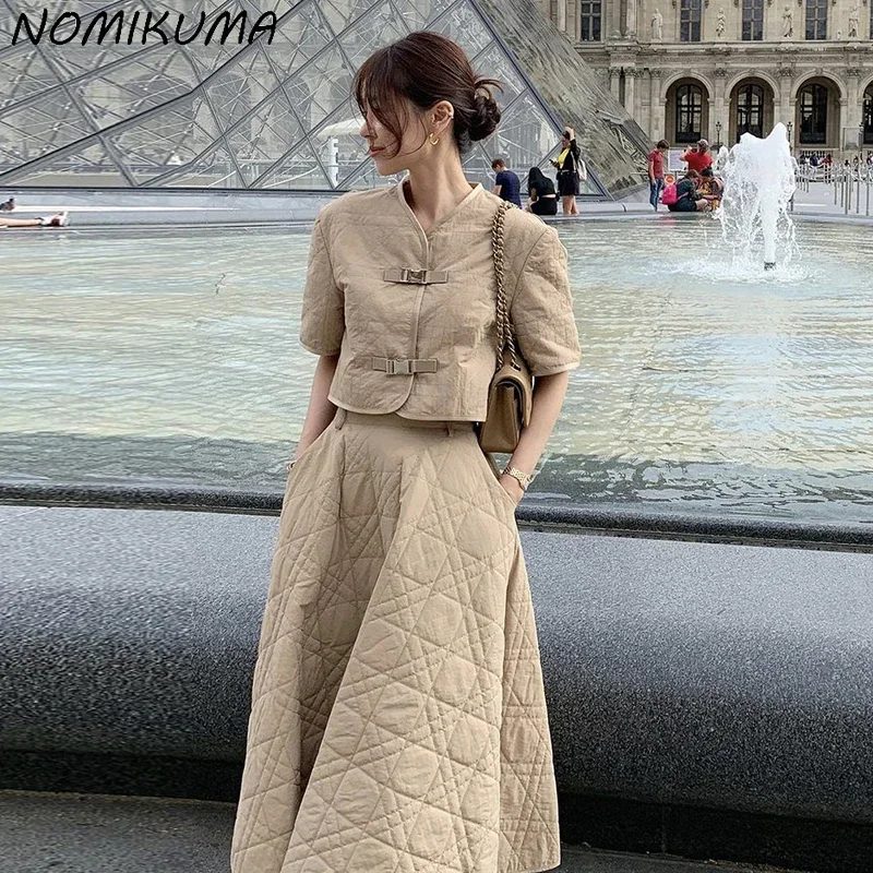 

Nomikuma Korea Chic Autumn Vintage Elegant V-neck Short Coat + High Waist Causal A-line Long Skirt Two Pieces Sets Women Outfits