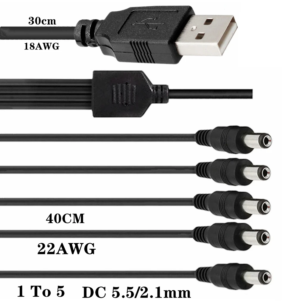 USB To 5 4 Port DC 5.5 X 2.1 mm Power Charging Cable Charge Cord Plug 5V 12V 1A 2A 3A Power Charging Y Splitter Cable 0.7m 70cm