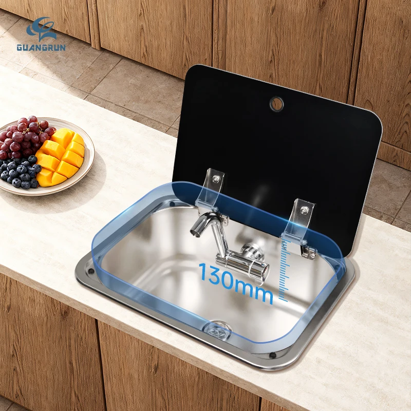 CUPC SS 304 Stainless Steel 0.8mm Thick Lightweight Kitchen Sink with Tempered Lid for Car Campervan Motorhome
