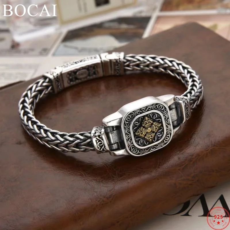 

BOCAI S925 Sterling Silver Bracelets for Men New Fashion Contrast Colored Cross Vajra Pestle Horsewhip-chain Free Shipping