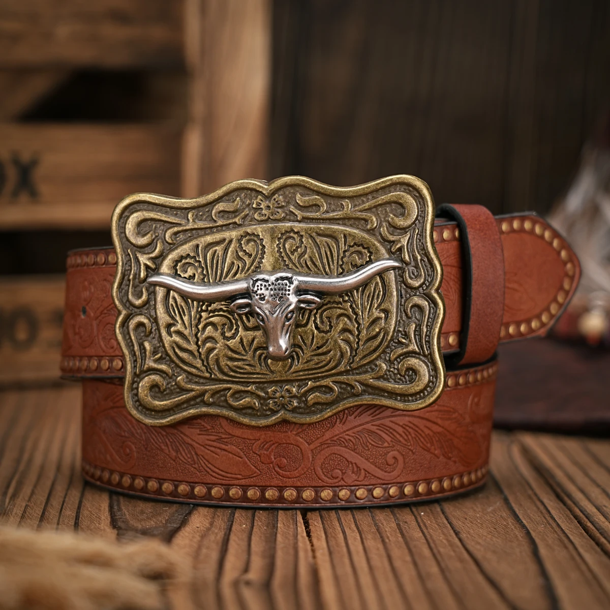 Men - Women - Western Denim - pu leather - Belt - Vintage jeans with carved buckle belt