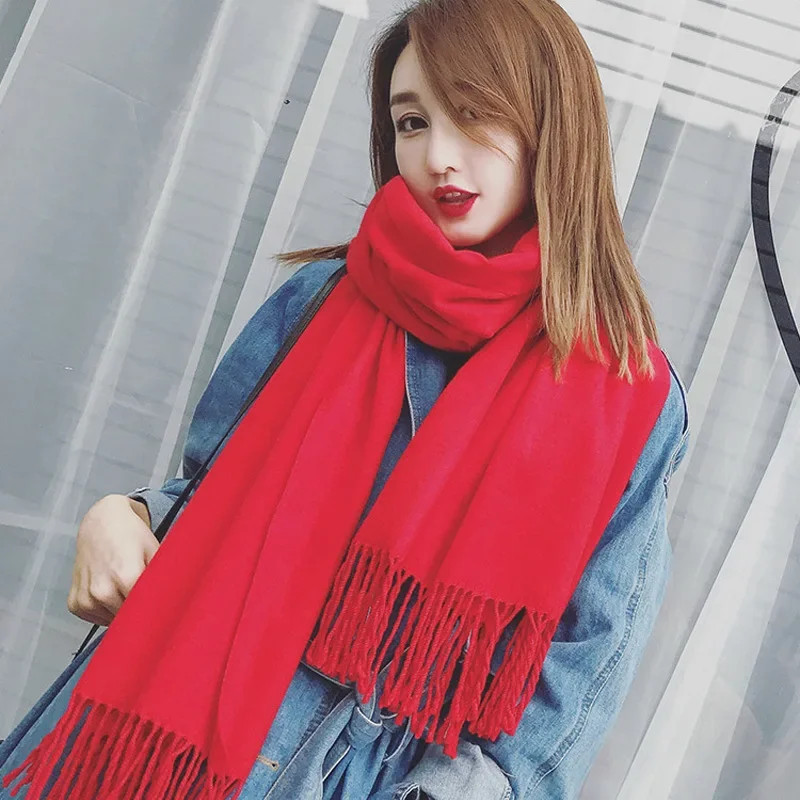 QLUKEOYY 150g Imitation Cashmere Scarf Brushed Pure Color Thick Scarf Long Scarf Winter Tassel Shawl Women