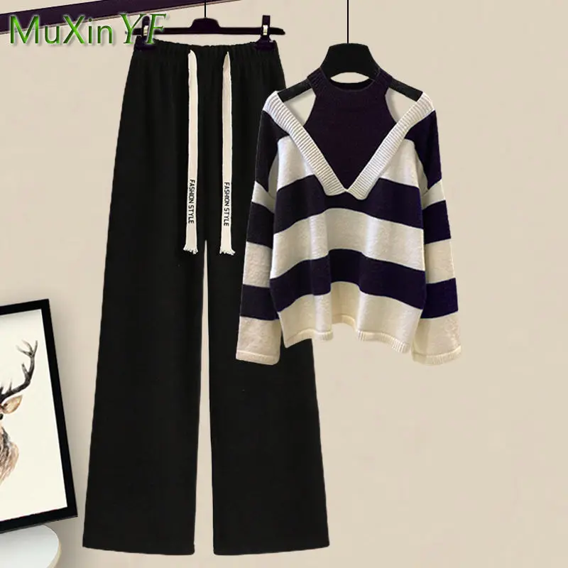 Korean Elegant Autumn Suit Women 2024 New Fashion Sexy Striped Hollow Knit Sweater Top + Pants Two Piece Set Female Clothes