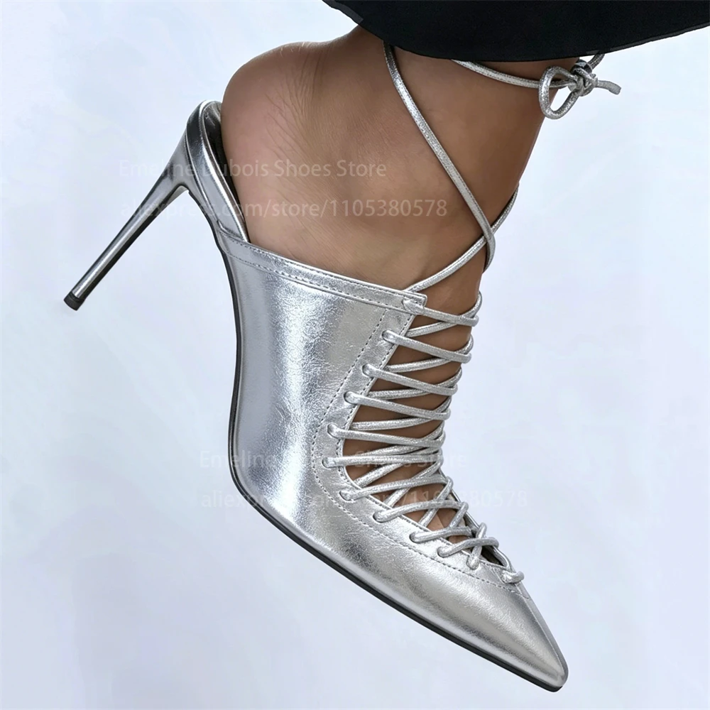 

Pointed Toe Lace up Slingback Cutout High Heel Pumps Women Leather Ankle Cross Strap Stilettos Sexy Party Club Women Dress Shoes