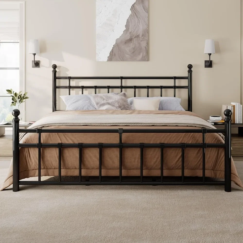 

King Size Metal Bed Frame, Platform Bed With Classic Wrought Iron-Art Headboard And Footboard, 12" Underbed Space, No Box Spring