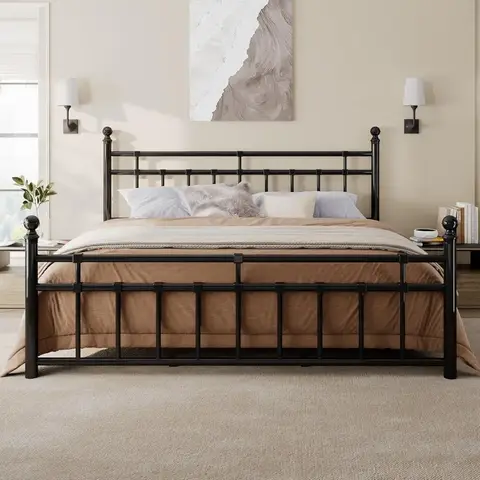 King Size Metal Bed Frame, Platform Bed With Classic Wrought Iron-Art Headboard And Footboard, 12" Underbed Space, No Box Spring