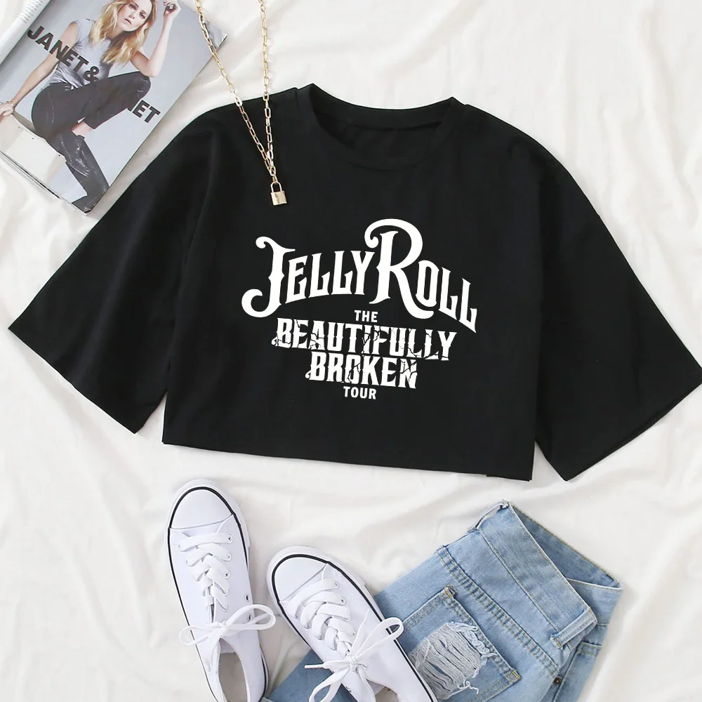 

Jelly Roll The Beautifully Broken Tour 2024 Wukong Shirt Women Crop Tops O-Neck Short Sleeves T-shirt Fans Gift Tops