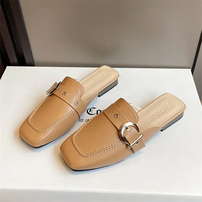 Square Toe Slippers Women Belt Buckle Ladies Shoes Summer Outdoor Mules Casual Shallow Slipper 2024 Solid Color Pantuflas Mujer