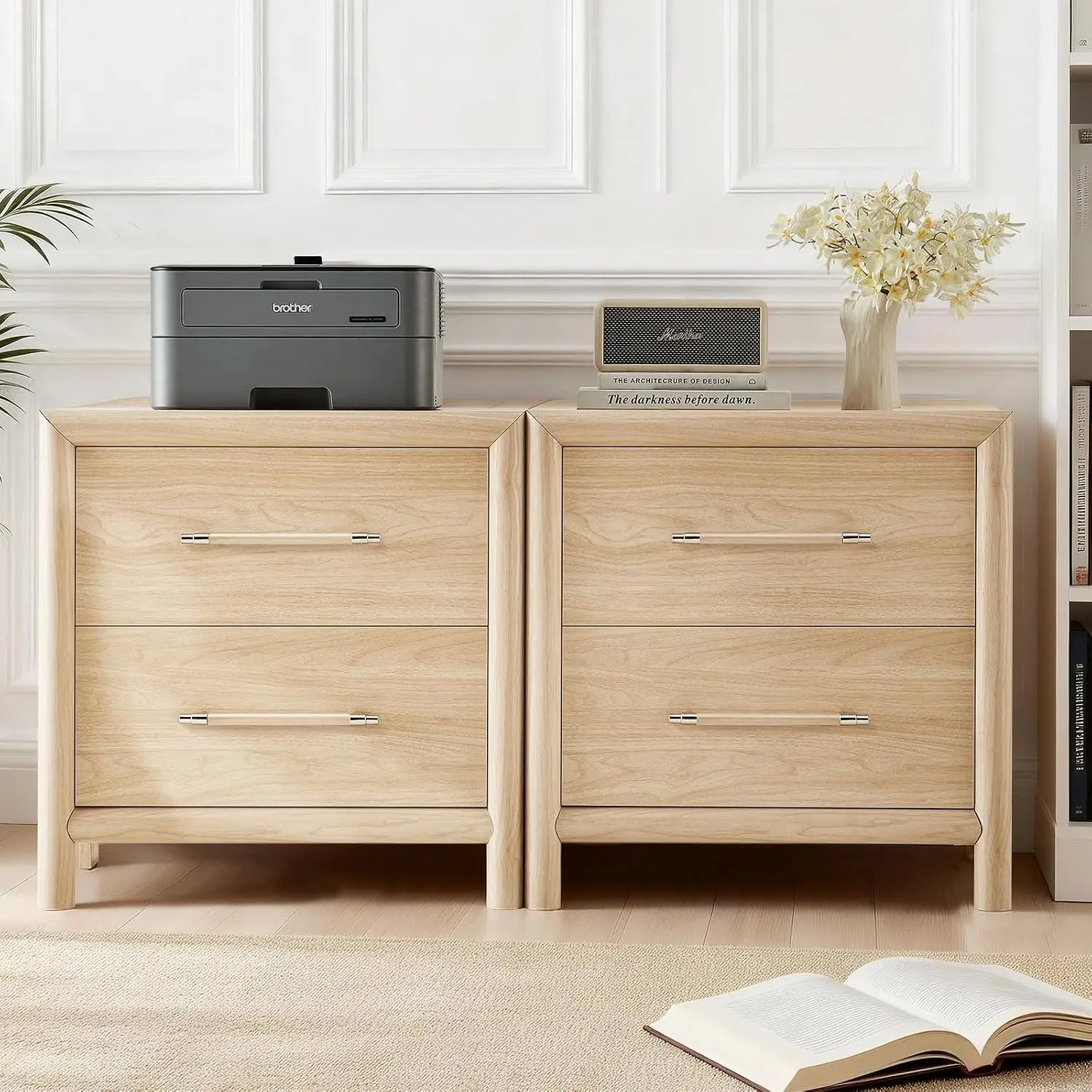 Wood Nightstand Set Of 2 With Silent Glide Drawers, Double Storage, Acrylic Handles, Bedroom Furniture, Customized