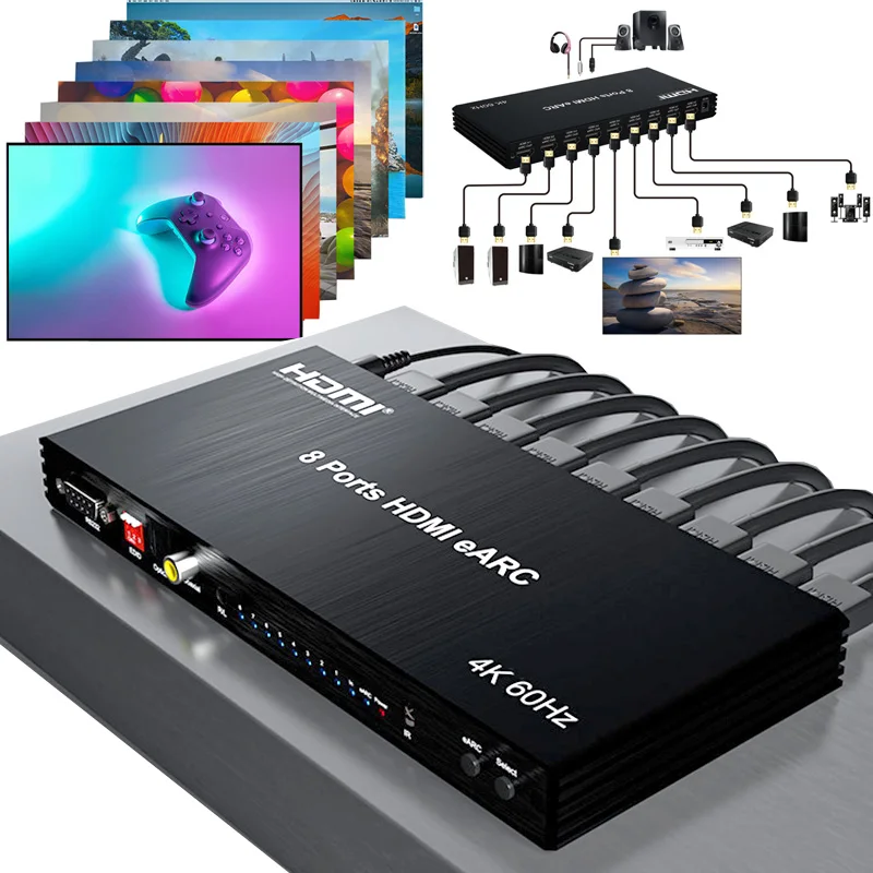 8 Ports HDMI EARC Audio Extractor Repeater 1 in 8 Out EARC Audio Return 1x8 Splitter / 4K 60Hz 8x1 HDMI Switcher Video Converter