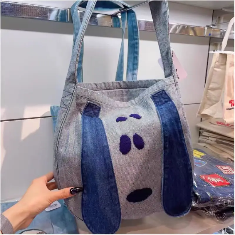 New Snoopy Denim Bag Cute Cartoon Retro Handbag Kawaii Large Capacity Student Storage Shoulder Bag  Anime Accessories Gift