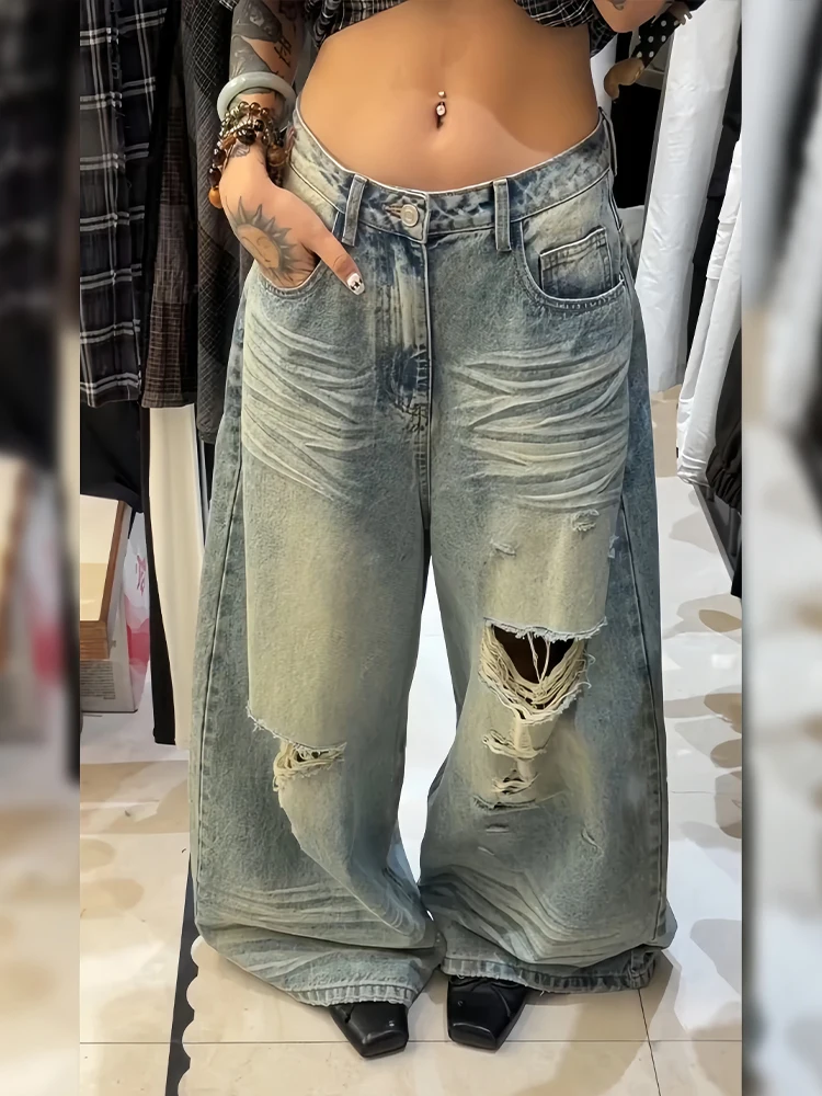 

Retro Washed American Hot Girl Design Hole Denim Jeans Women Summer Loose Long Pants Natural Waist Pure Color Outdoor Wear