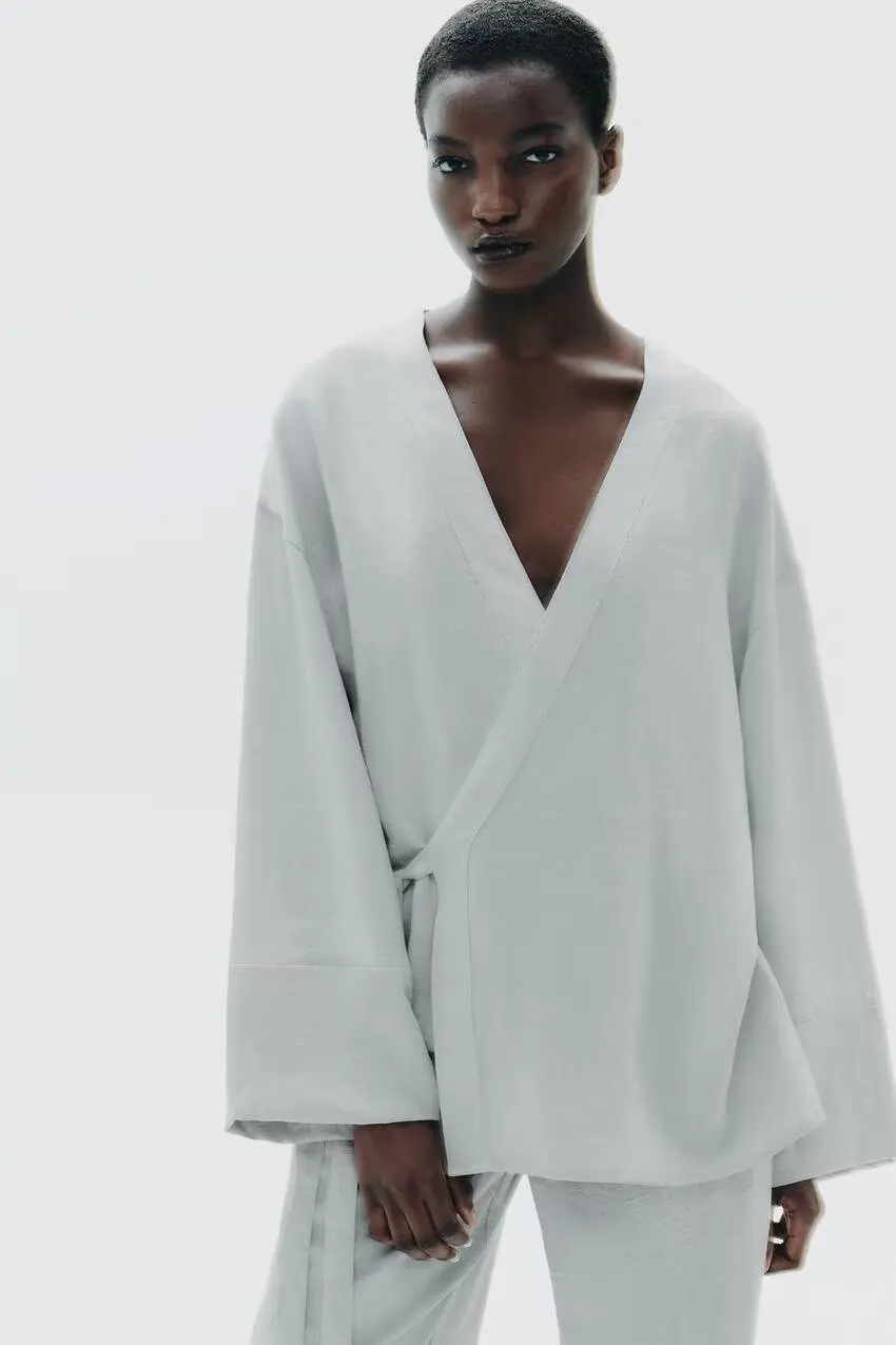 

BB6611 2025 Autumn New Women's Fashion and Elegant Side Bow Decoration Kimono style V-neck Outcoat 542772