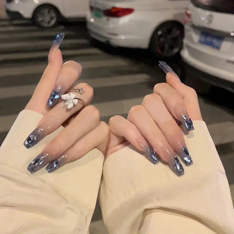 Wear Long Manicure, New Style, Online Celebrity High-Quality, Diamond-Encrusted, White Manicure, Finished Fake Nails, Nail Patch