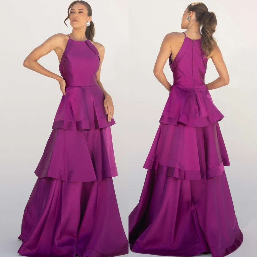 

Customized Modern Satin Halter A-Line Evening Dress Graceful Floor Length Prom Dresses Soft Special Occasion Gowns