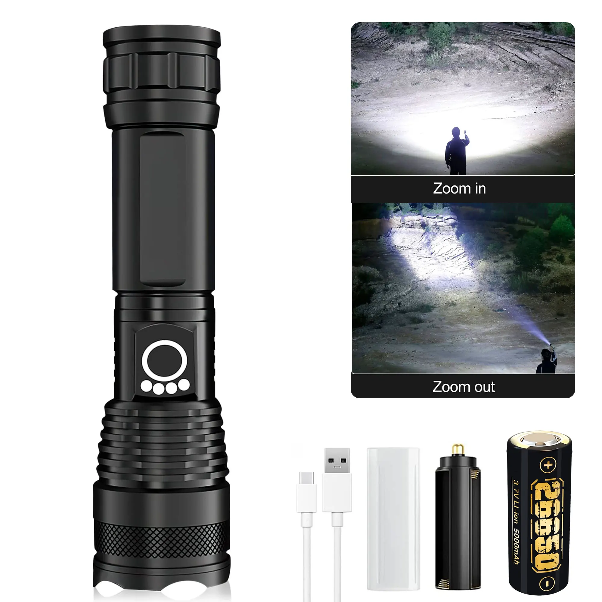 

Super Bright Flashlight With Power Display 5 Light Modes Portable Telescopic Zoom Rechargeable Torch IP46 Waterproof For Outdoor