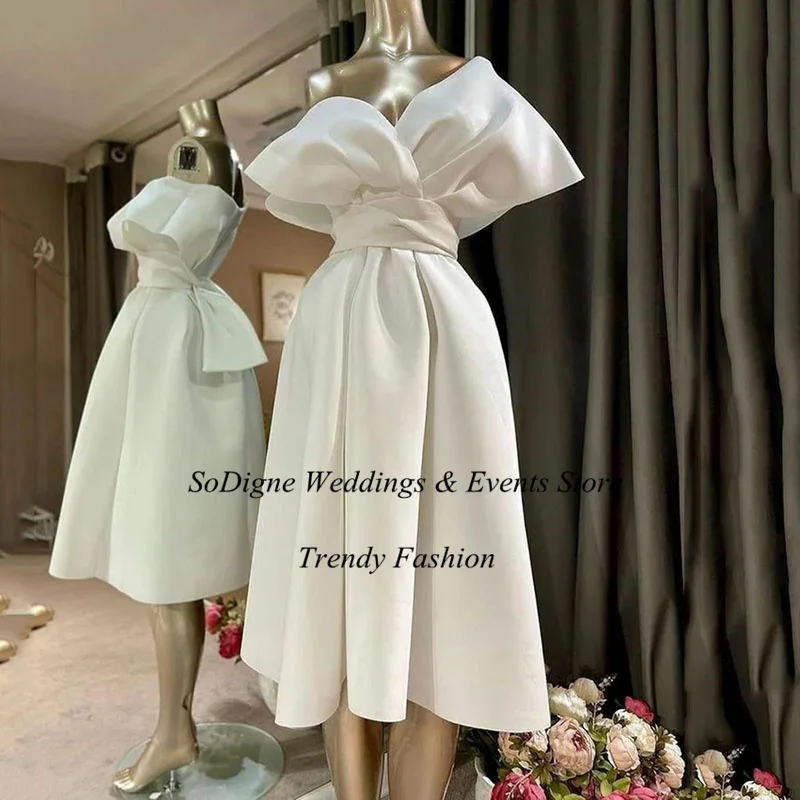SoDigne Ivory Modern Off the Shoulder Prom Gown 2022 Tea Length Pleat Party Evening Dress Robe De Soiree