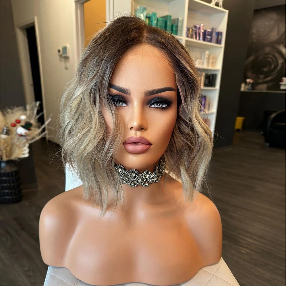 Günstige Lose Wellenförmige Spitze Vorne Perücke Asche Braun Blonde Highlight Menschliches Haar Bob Perücke 13x4 Spitze Frontal Perücke ombre Dunkle