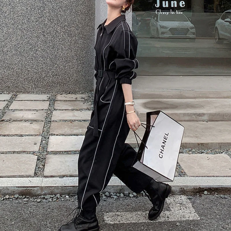 spring Summer autumn new Jumpsuits women Turn-down Collar Long Sleeve zipper patchwork Pockets High Waist All-match cargo pants