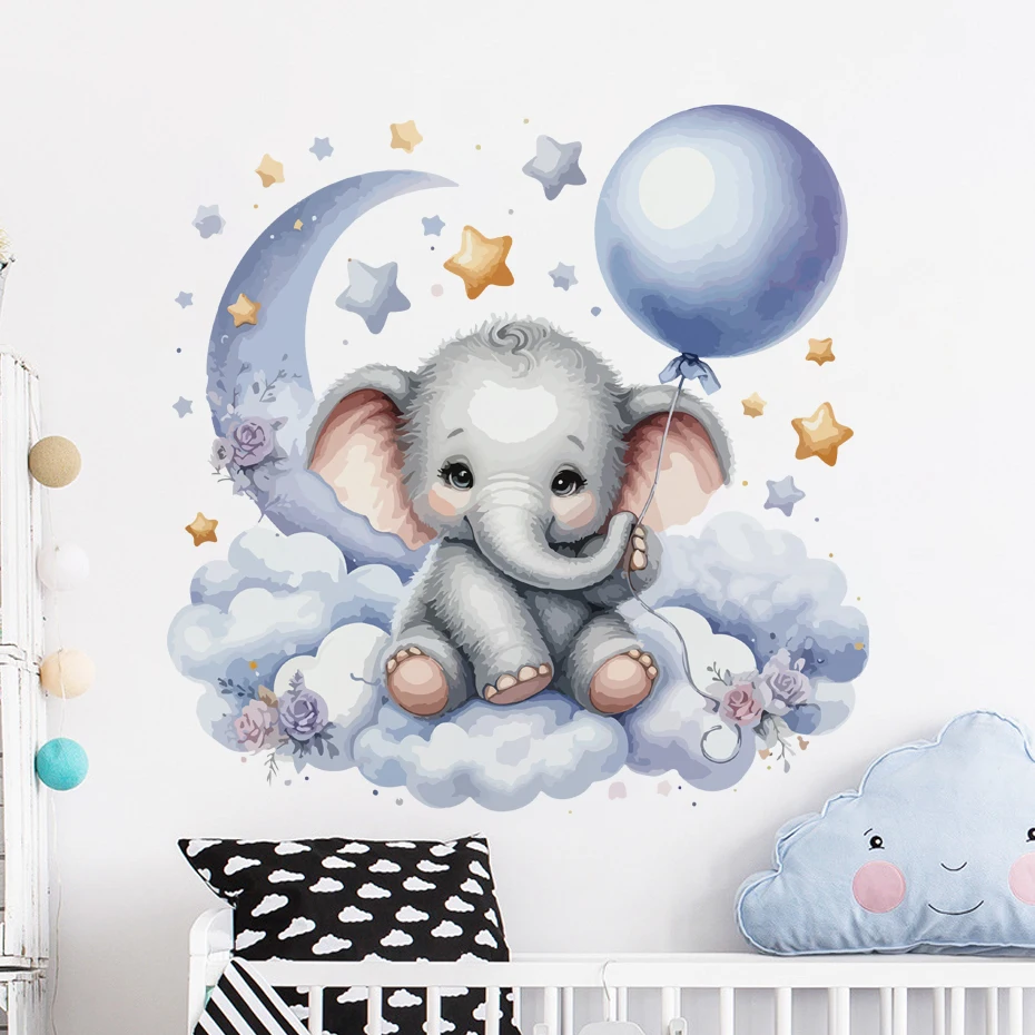 Pegatinas de pared de Luna y elefante de dibujos animados azules para habitación de niños, decoración para habitación de niños, decoración para sala