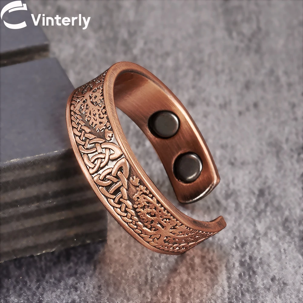 Vinterly Pure Copper Magnetic Rings Lucky Tree Vintage 6.5mm Health Energy Finger Cuff Adjustable Jewelry High Magnet Resizable