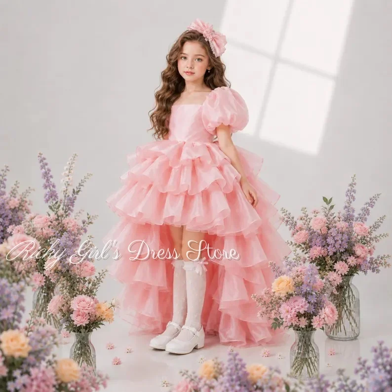 pink-princess-dress-for-birthday-puff-sleeve-layered-flower-girl-dress-with-bow-high-low-first-communions-ball-gowns- customized