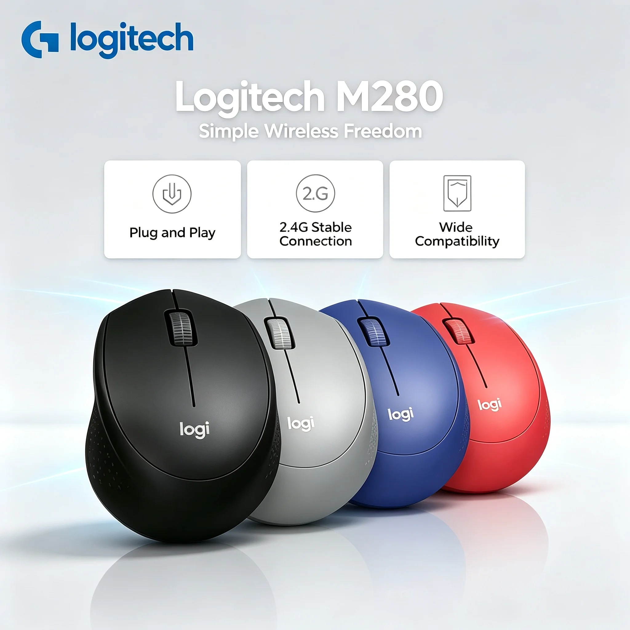 Logitech M280 Original Office Wireless Mouse Anti-slip Side Design, 1000DPI Optical Tracking Mice