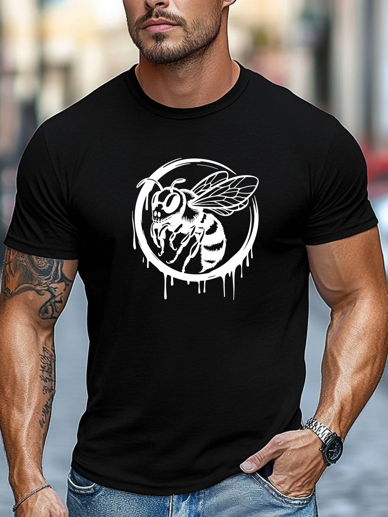 Men Black Crew Neck Tee Street Style Drip Circular Honey Bee Cartoon Graphic Beekeeper Hobby Soft Cotton Male Daily Short Tops