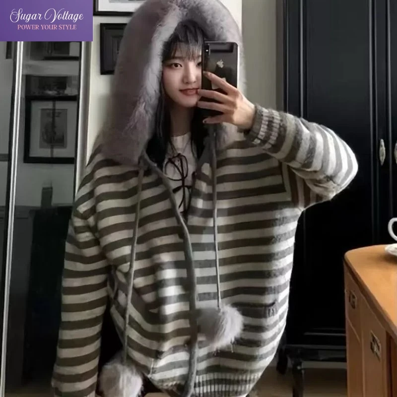 

Women Autumn Winter Grey Striped Knit Cardigan Sweater Loose Fit Long Sleeve Hooded Warm Outerwear Casual Faux Fur Collar Jacket
