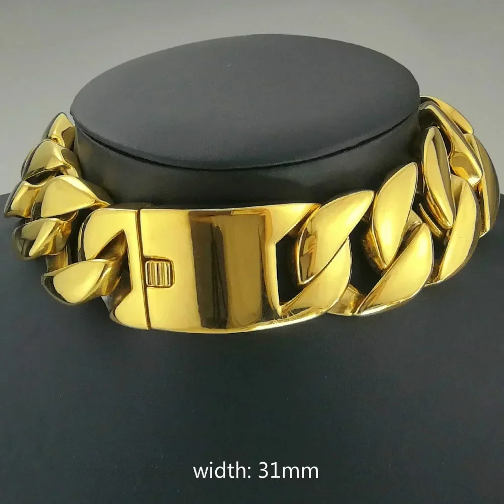 Gold Color 316L Stainless Steel All Polished 31mm Width Very Heavy Long Chain 40-55cm Necklace Jewelry