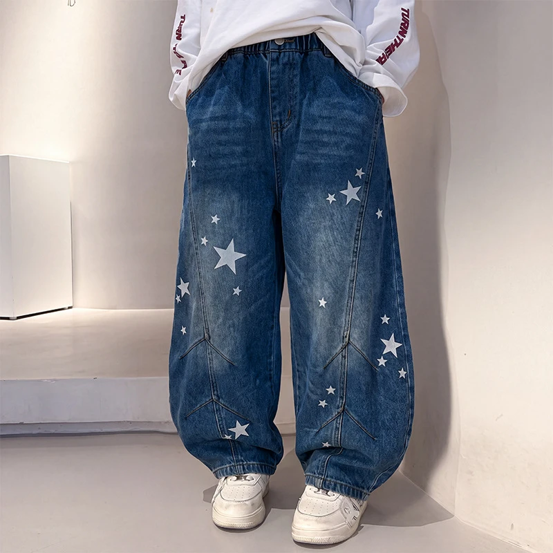 Teens Boys Jeans Spring Autumn New Overalls Star Print Ripped Straight Leg Denim Pants 5-14 Years Children Cotton Baggy Trousers