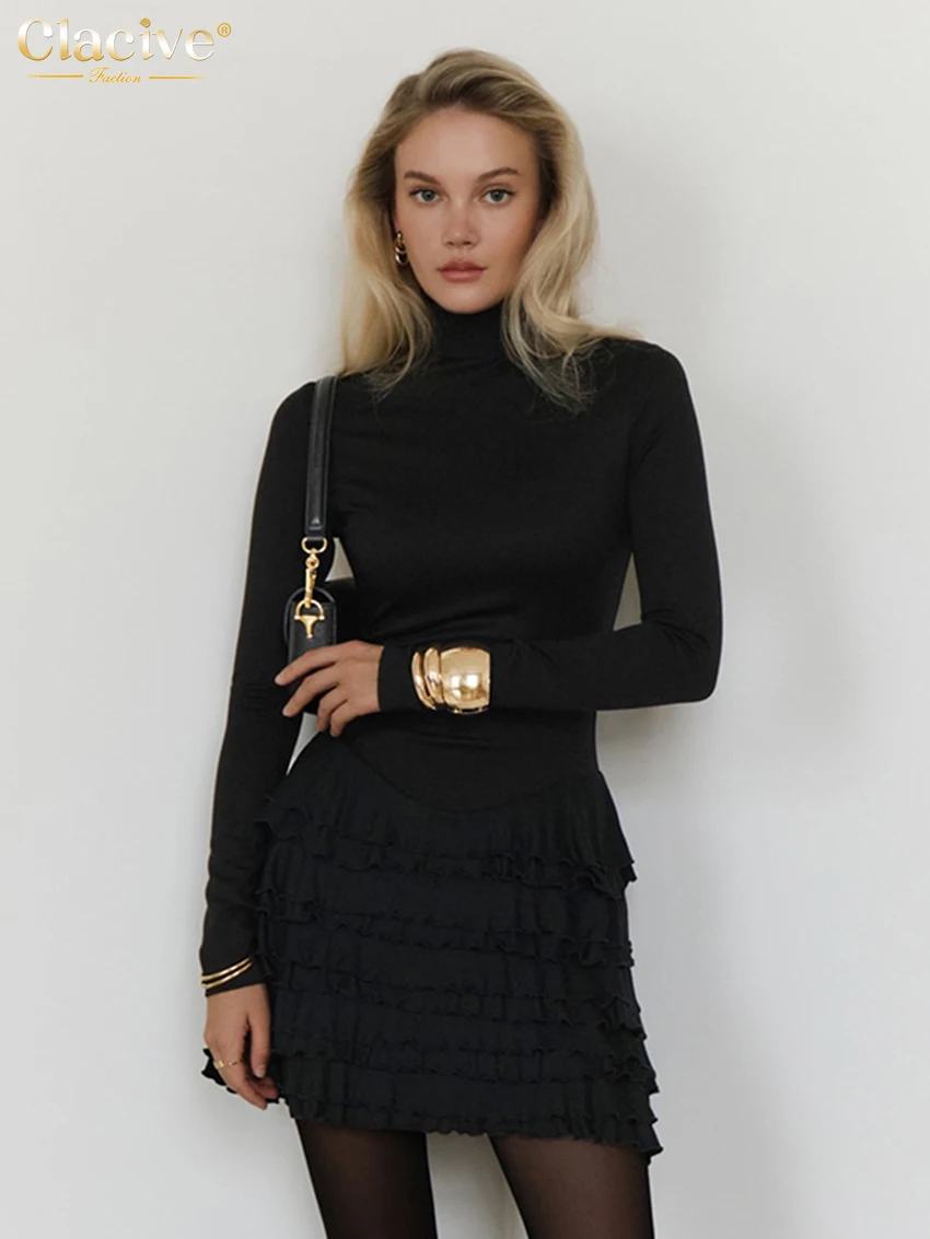 

Clacive Fashion Loose Black Women's Dress 2025 Bodycon Turtleneck Long Sleeve Mini Dresses Elegant Classic Pleated Female Dress