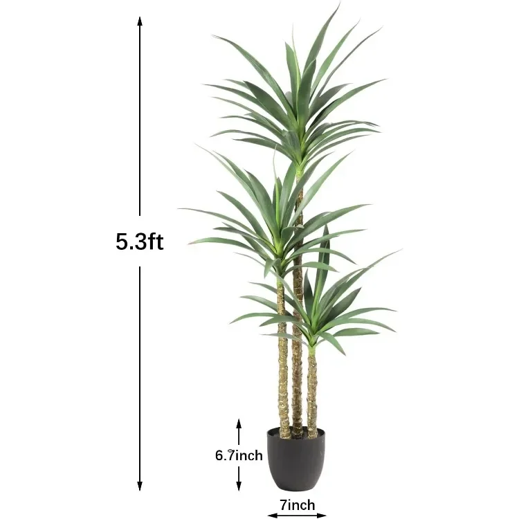 플라스틱 화분에 3 개의 헤드가 있는 인조 용설란 식물, 가정 장식용 가짜 나무, 실내 또는 실외 사무실 장식, 5.3Ft