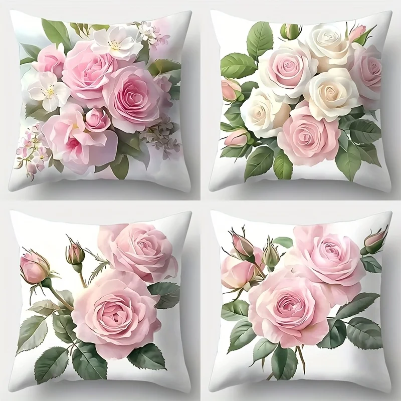 Elegante rosa Rose weiße Blumen Kissenbezüge Polyester Reißverschluss Kissenbezug zeitgenössisches Wohnzimmer dekorativer Kissenbezug