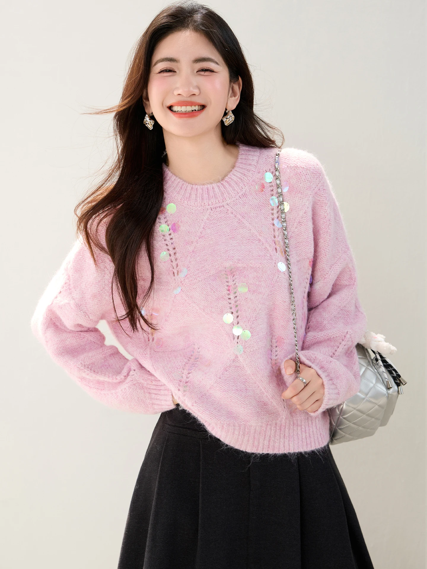 

2025 пуловер с круглым вырезом и блестками для тяжелой промышленности, свободный и ленивый стиль, повседневный утягивающий свитер, женский топ, хит продаж