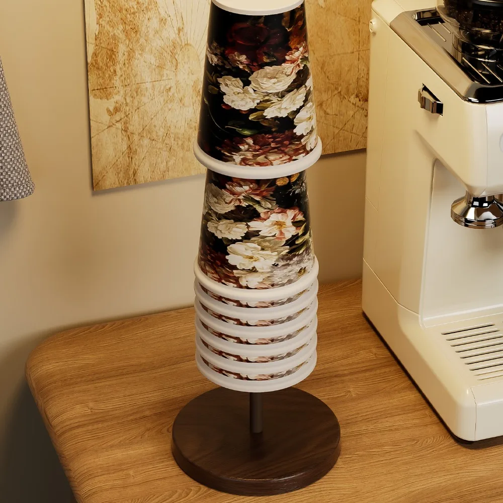 Desktop Paper Cup Holder with Wood Grain Table Decor Paper Cup Storage Rack Walnut Colored Disposable Paper Cup Rack shelf