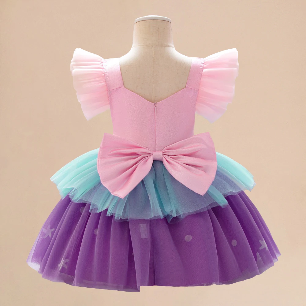 Baby Girl Mermaid Cosplay Party Dresses Girls Pink Bow Princess Dress Toddler Flying Sleeves Layered Tutu Gown Kids Holiday Wear