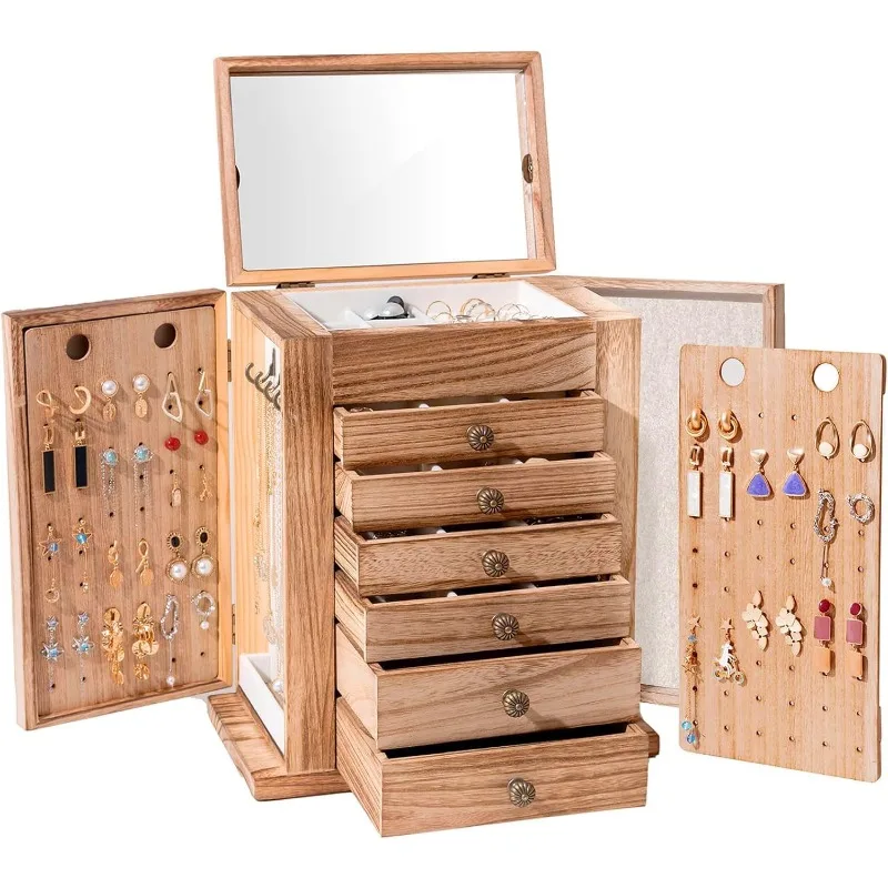 

Large Jewelry Box, 7-Layer Wooden Jewelry Boxes for Women, Jewellery Holder Organizer Storage Case with Mirror