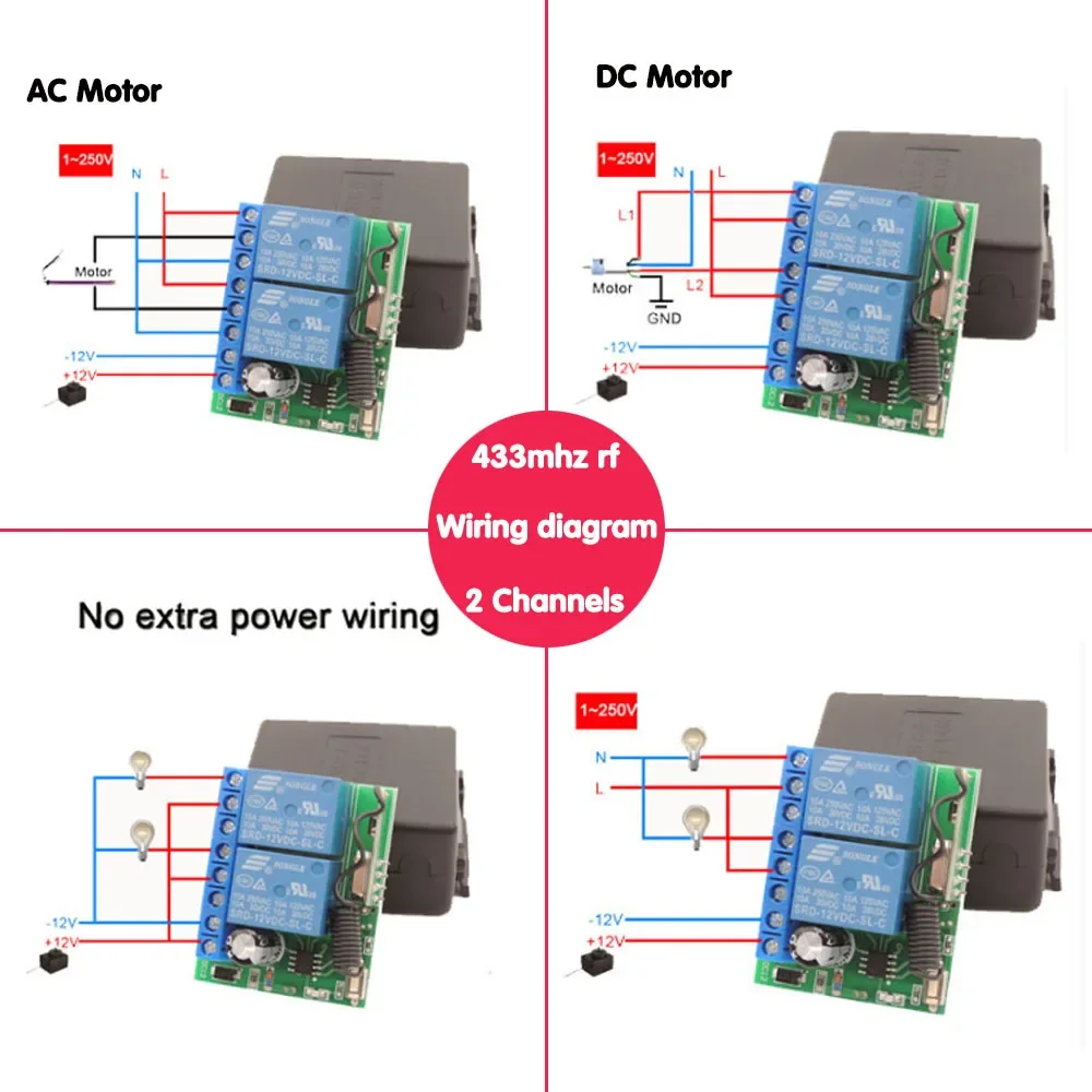 รีโมทคอนโทรลไร้สายอเนกประสงค์433MHz DC 6V 12V 24V ตัวรับสัญญาณ RF 2CH 50M สำหรับไฟ/ประตู/มอเตอร์/DIY