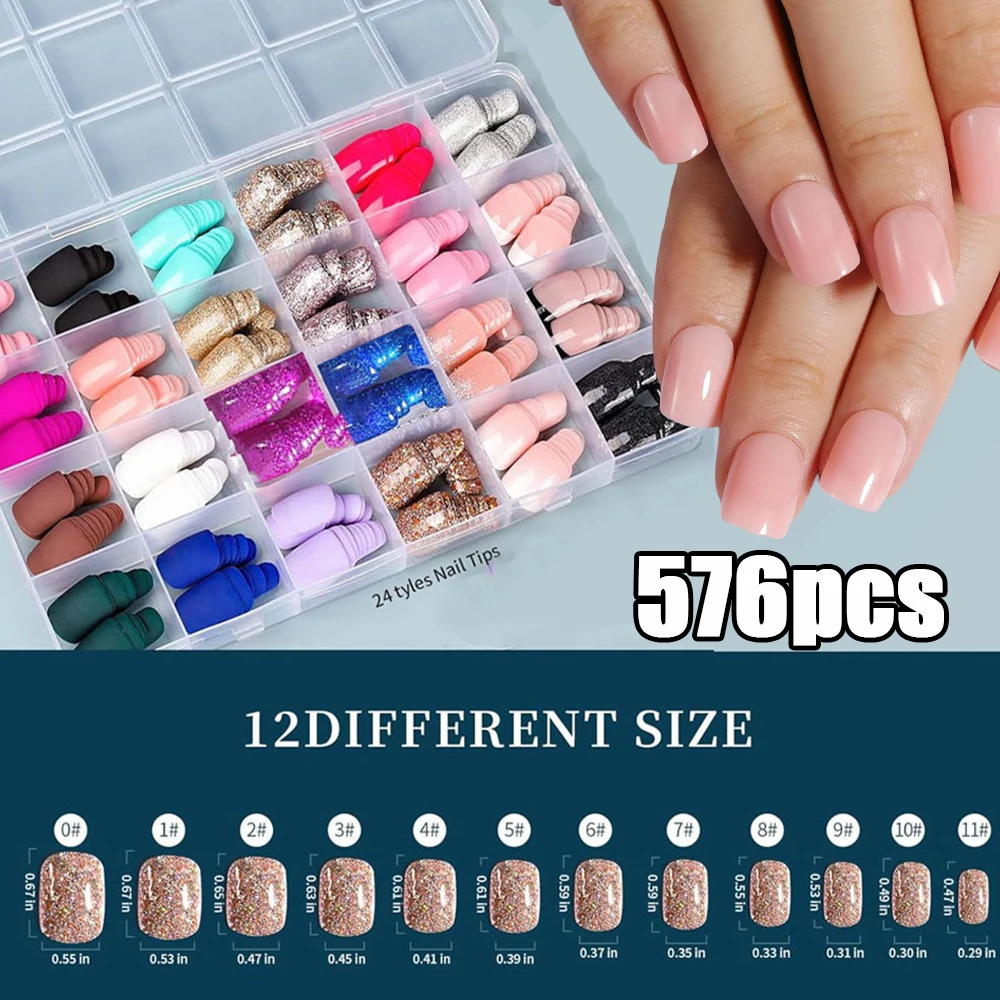 

576 шт. XS Набор коротких квадратных накладных ногтей Multi-Design Matte, Solid, Glitter Shimmer Full Cover Типсы для ногтей DIY Акриловый пресс на ногтях