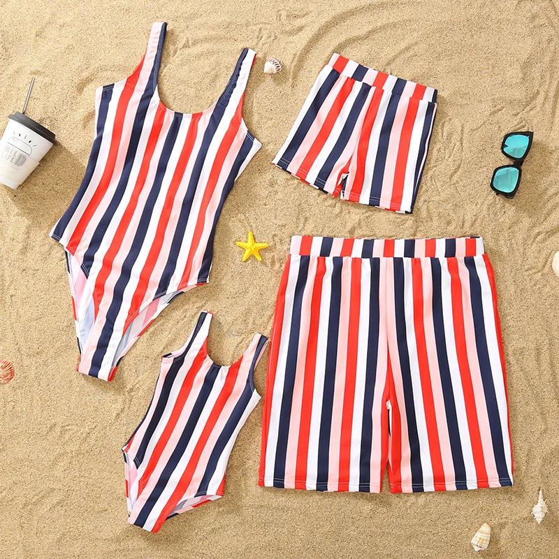 Family Baby Mommy and Daddy Son Daughter Clothes Clothing Stripe Sandbeach Swimsuit Family Matching Outfits Swimwear