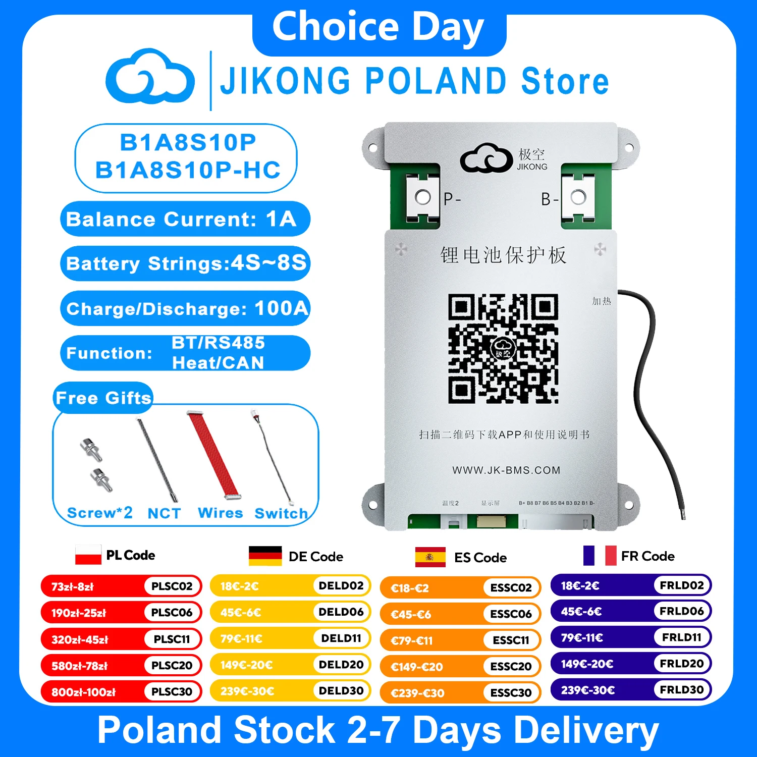 JIKONG JK BMS B1A8S10P 4S-8S courant 1A équilibre actif BMS intelligent 100A avec chaleur peut RS485 BT pour batterie Lifepo4 Li-ion Lto BMS