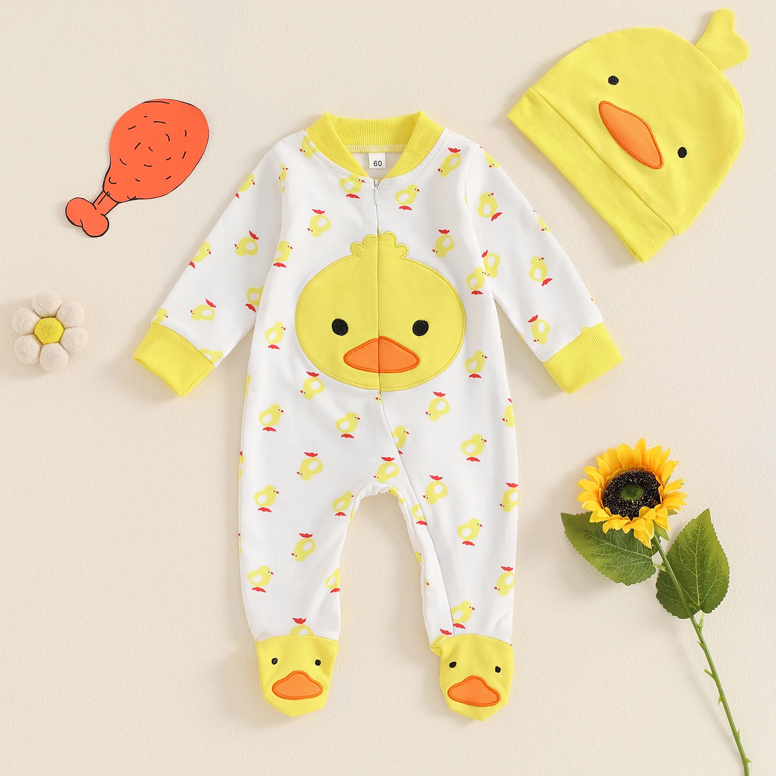 Newborn Boy Girl Duck Rompers Costume Outfit Long Sleeve Full Length Footed Jumpsuit Duck Hat 2 Piece Baby Coming Home Clothes