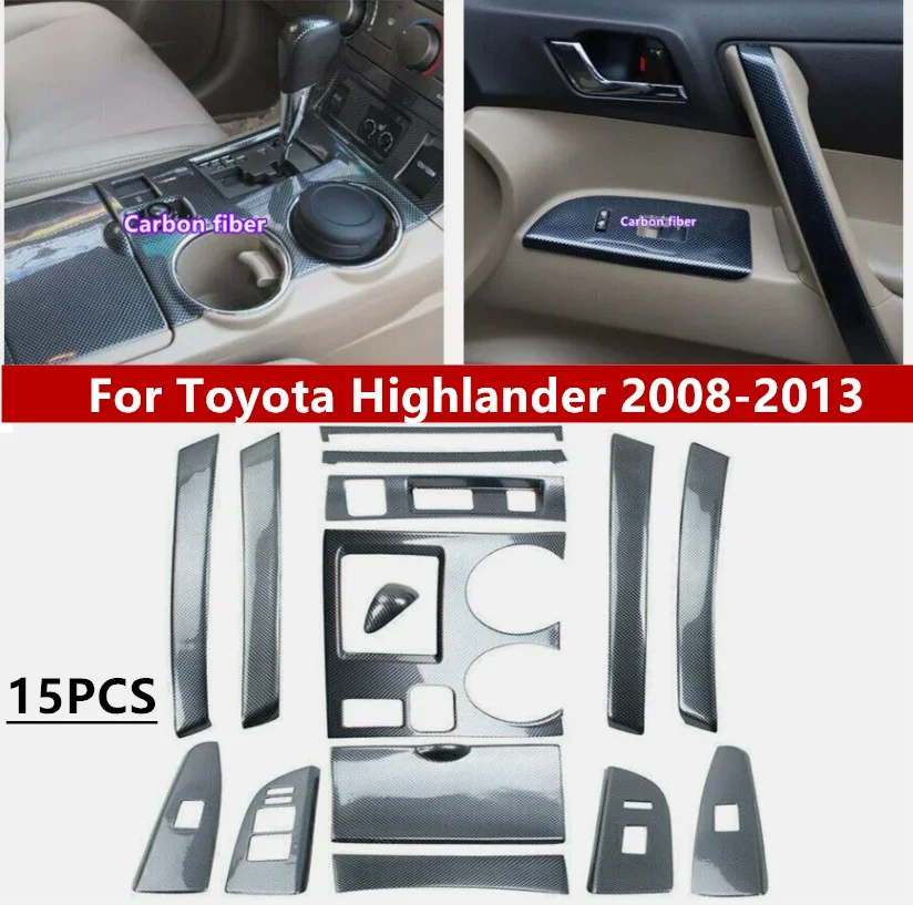 15Pcs/Set Left Hand Drive ABS Carbon Fiber Shift Panel Trim Cover For Toyota Highlander 2008 2009 2010 2011 2012 2013