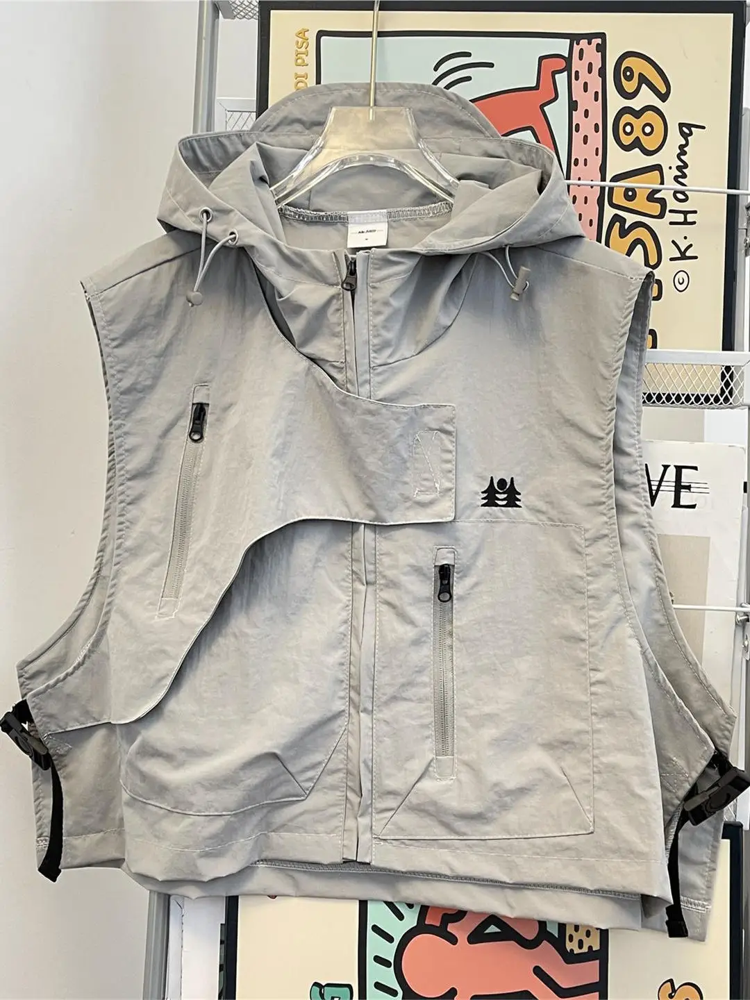 Retro Japanese Style Sleeveless Hooded Vest Men's Spring Summer Outdoor Loose Magic Tape Open Cardigan Vest American Casual S...