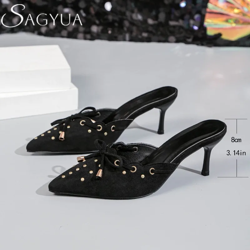 

High Heels Mules Shoes Women Sexy Pointed Toe Slippers Bow Party Sandals Summer 2025 New Dress Designer Woman Brand Pumps Mujer